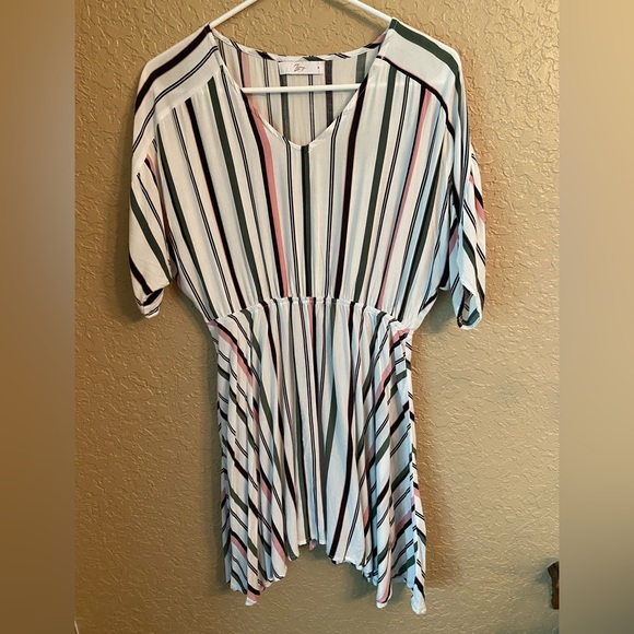 Zoey White Color Striped Short Sleeve Elastic Waisted Dress - Picture 1 of 6